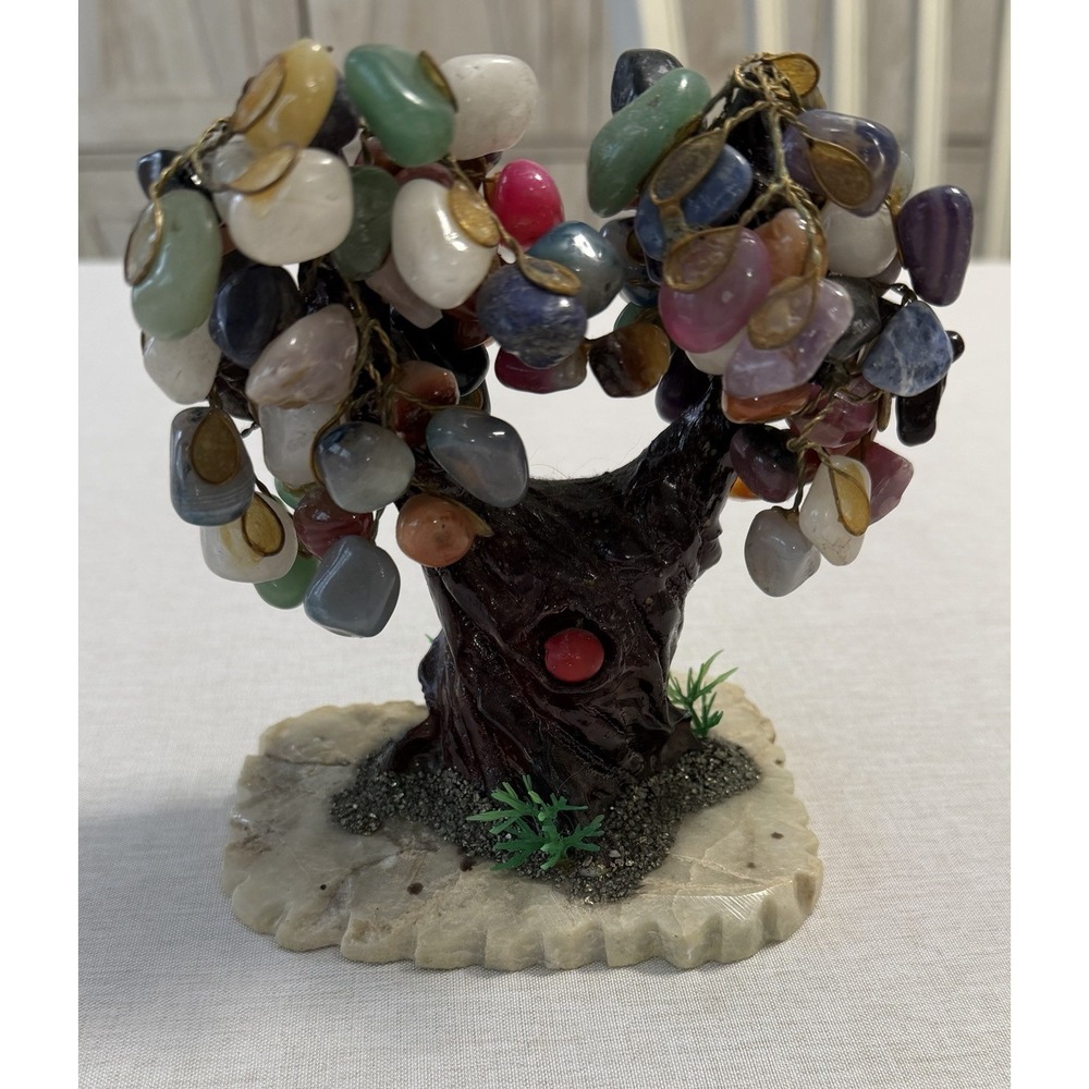 Vintage Gemstone Bonsai Tree Sculpture Agate Jade Quartz Stone Decor EUC